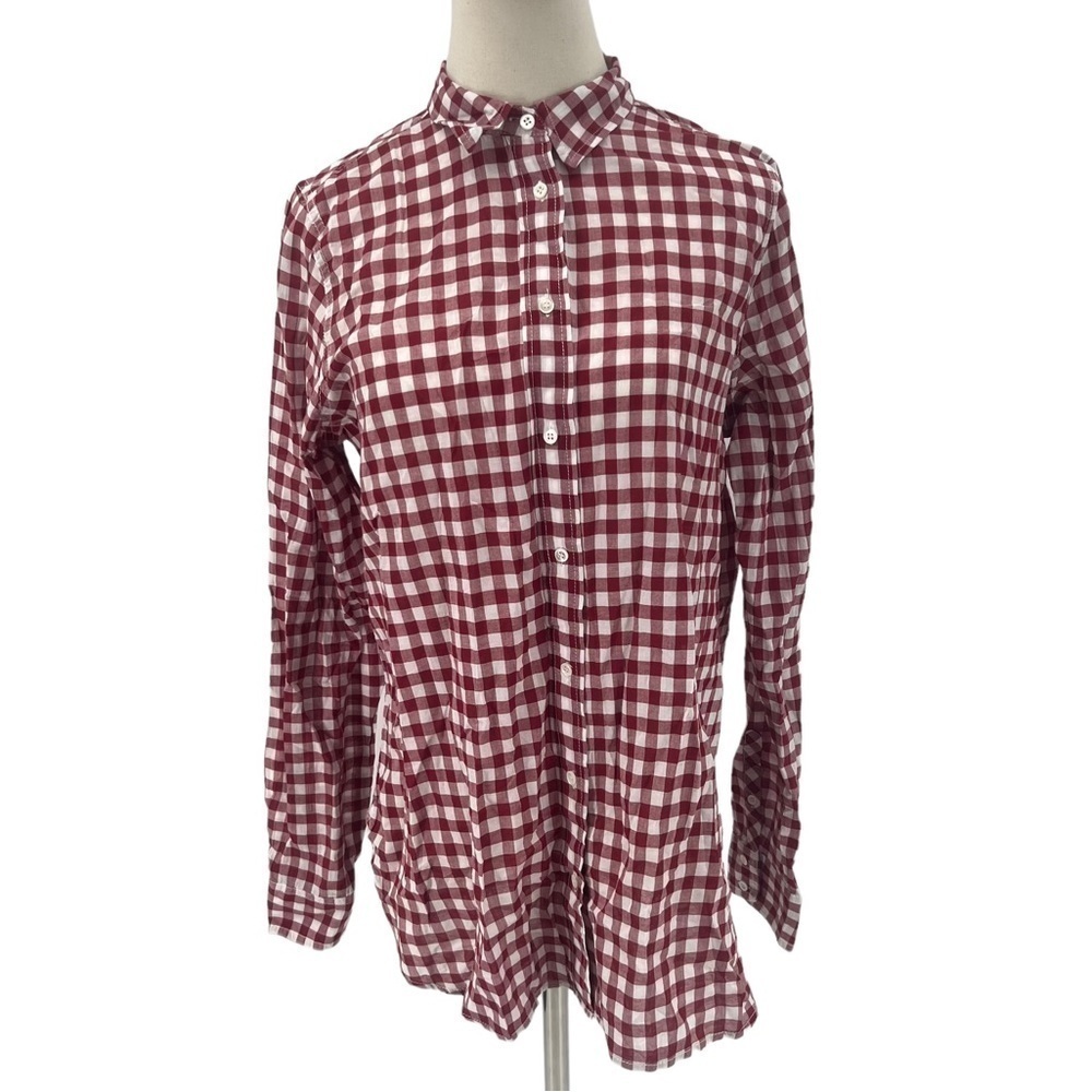 J. Crew Red White Gingham Long Sleeve Boy Fit Collared Shirt Size 10 Tall Womens